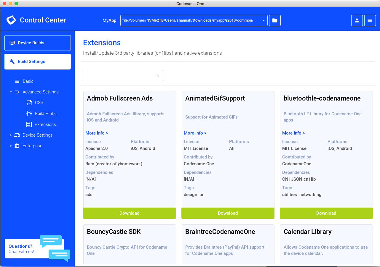 Control center extensions page